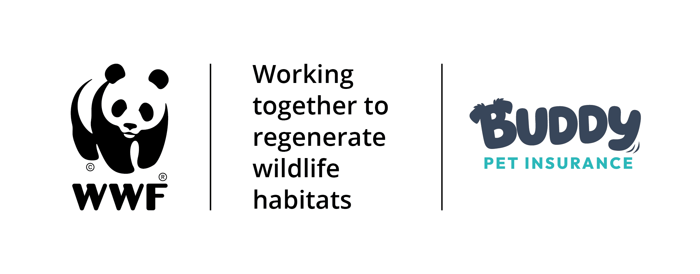 A logo lockup of the WWFPanda logo + Buddy Pet Insurance logo with text in the middle, "Working together to regenerate wildlife habitats"
