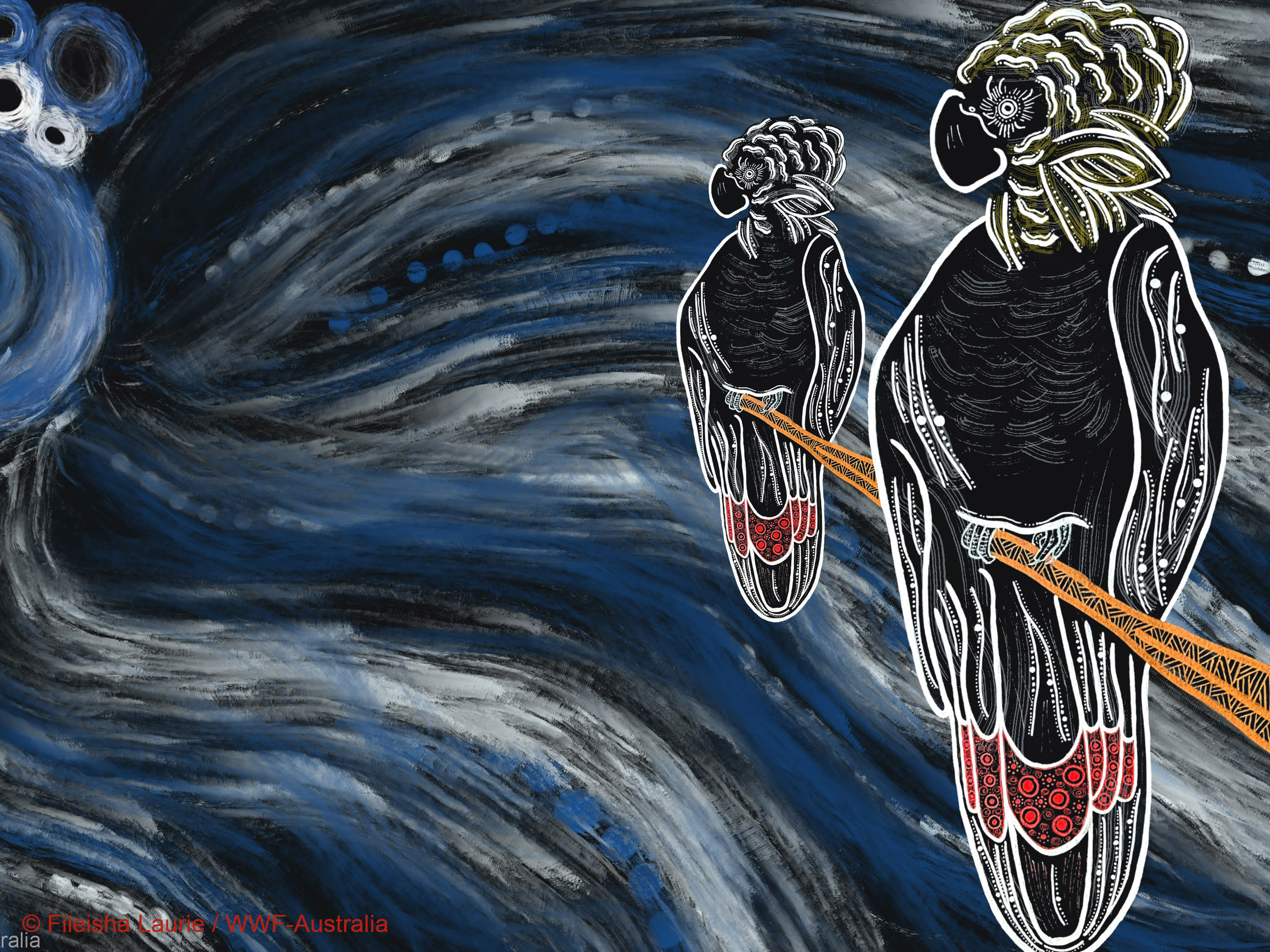 Indigenous art depicting the glossy black cockatoo by Gumbaynggirr, Bundjalung and Kalkadoon artist Fileisha Laurie