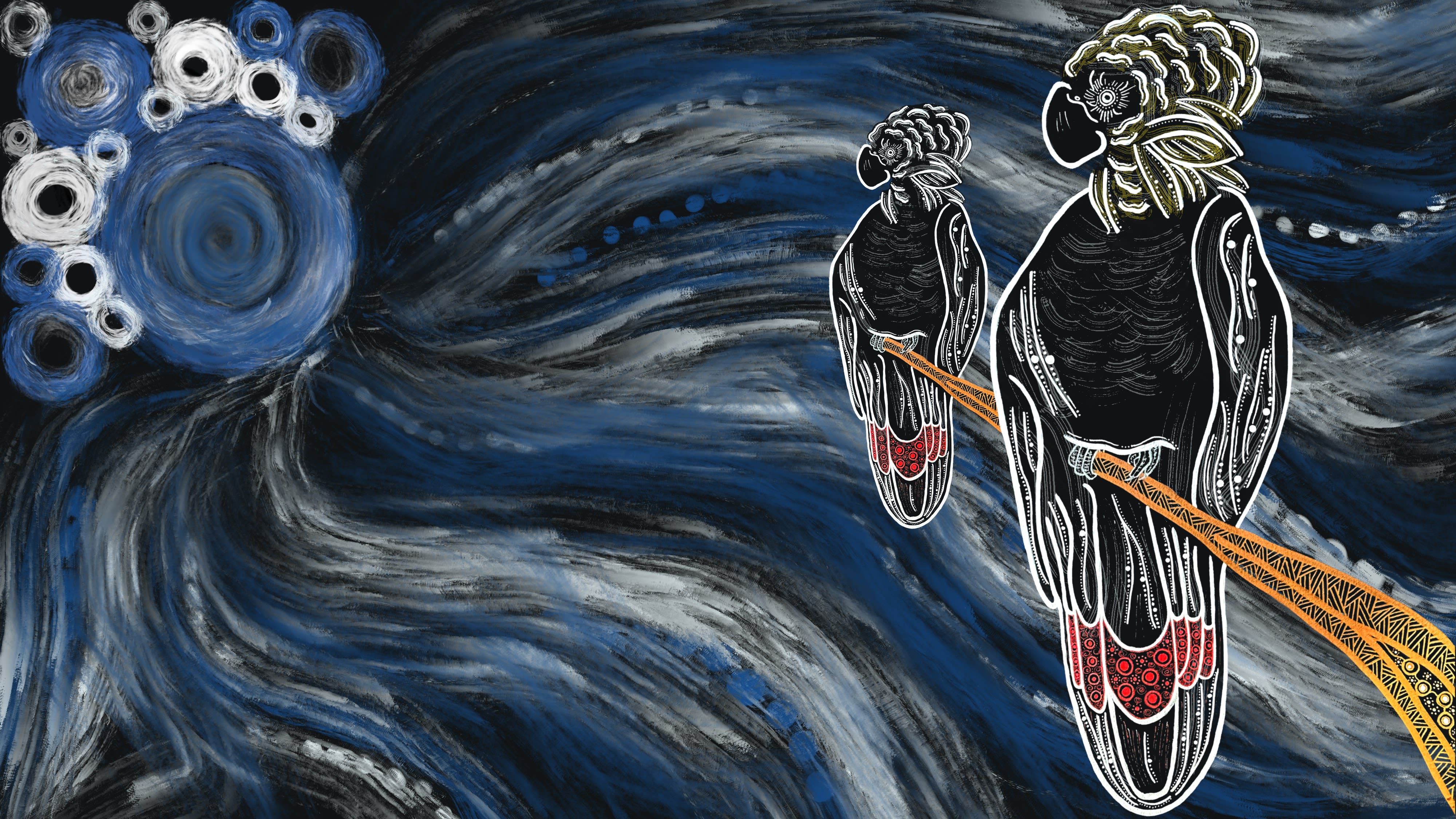 Indigenous art depicting the glossy black cockatoo by Gumbaynggirr, Bundjalung and Kalkadoon artist Fileisha Laurie