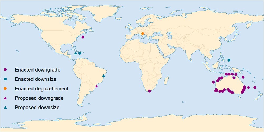Spatial distribution of enacted and proposed PADDD events in marine protected areas globally= by August 2020