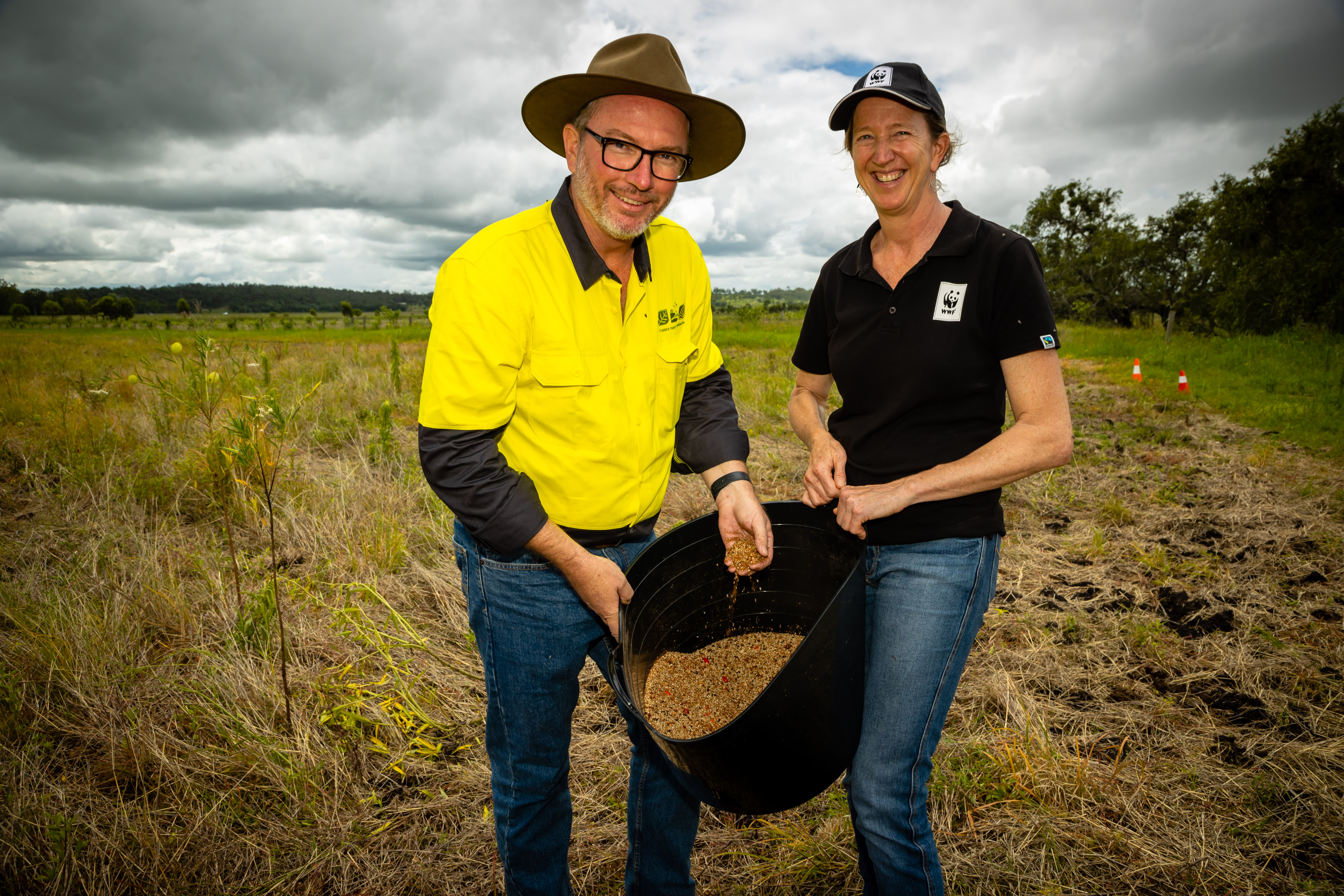 Ben O'Hara and Tanya Pritchard Drone Seeding Mix in Hidden Vale, Qld