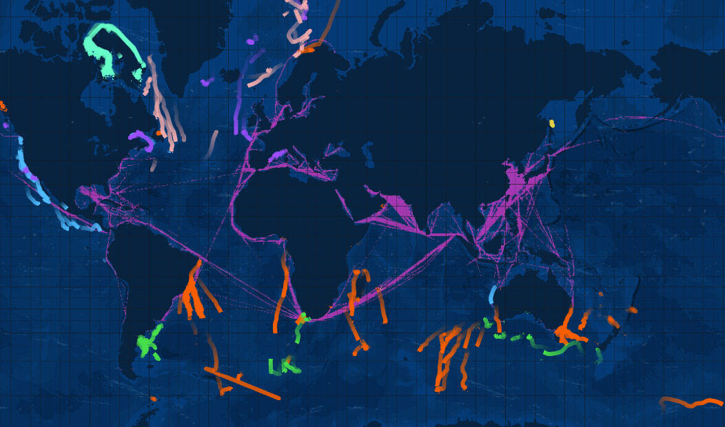 Blue corridors map showing whale migratory routes and key noise pollution locations