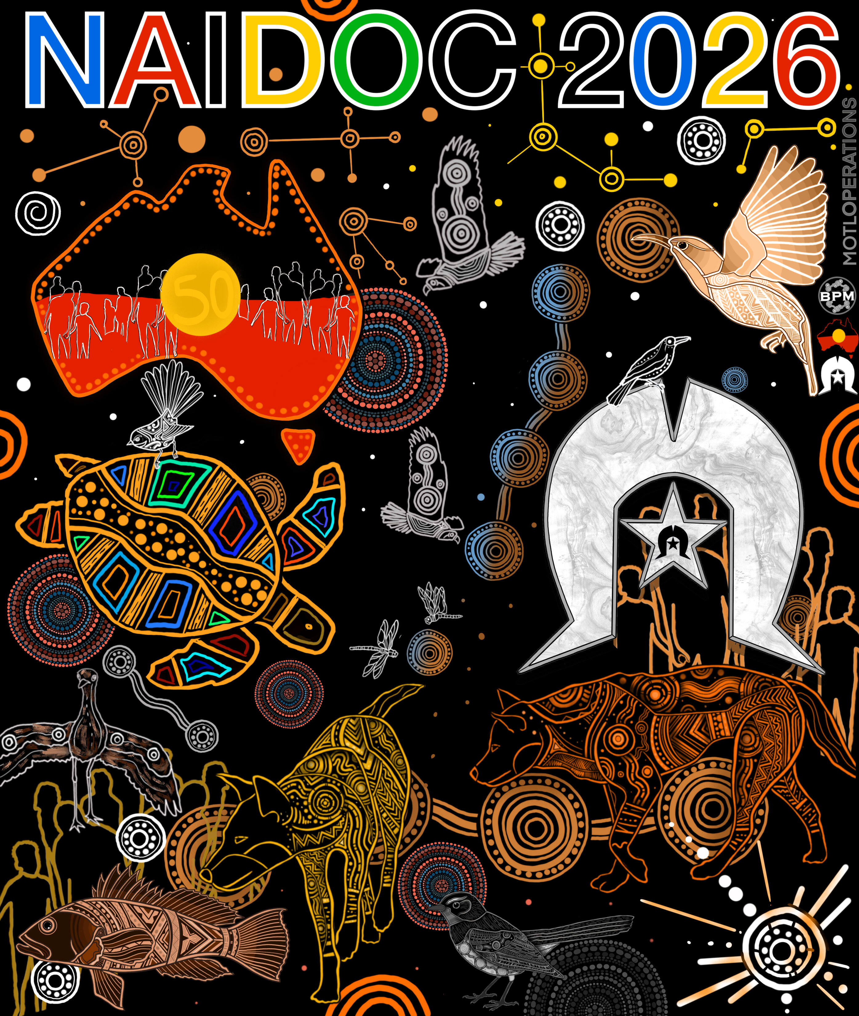 NAIDOC Week 2026 poster designed by Jirrbal, Wagedoegam, Ngapuhi & Scottish artist Beau Pennefather-Motlop