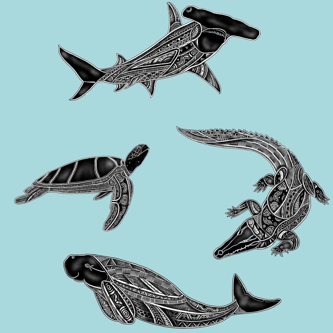 Oceans species art by Jirrbal (Aboriginal), Wagedoegam (Torres Strait Islander) and Ngāpuhi (Maori) artist Beau Pennefather‑Motlop