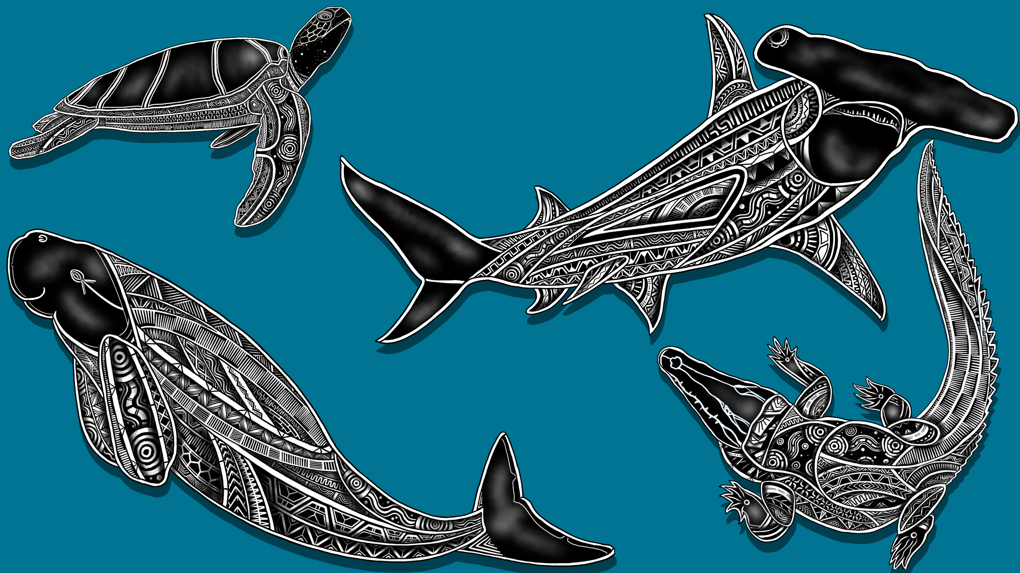 Oceans species art by Jirrbal (Aboriginal), Wagedoegam (Torres Strait Islander) and Ngāpuhi (Maori) artist Beau Pennefather‑Motlop