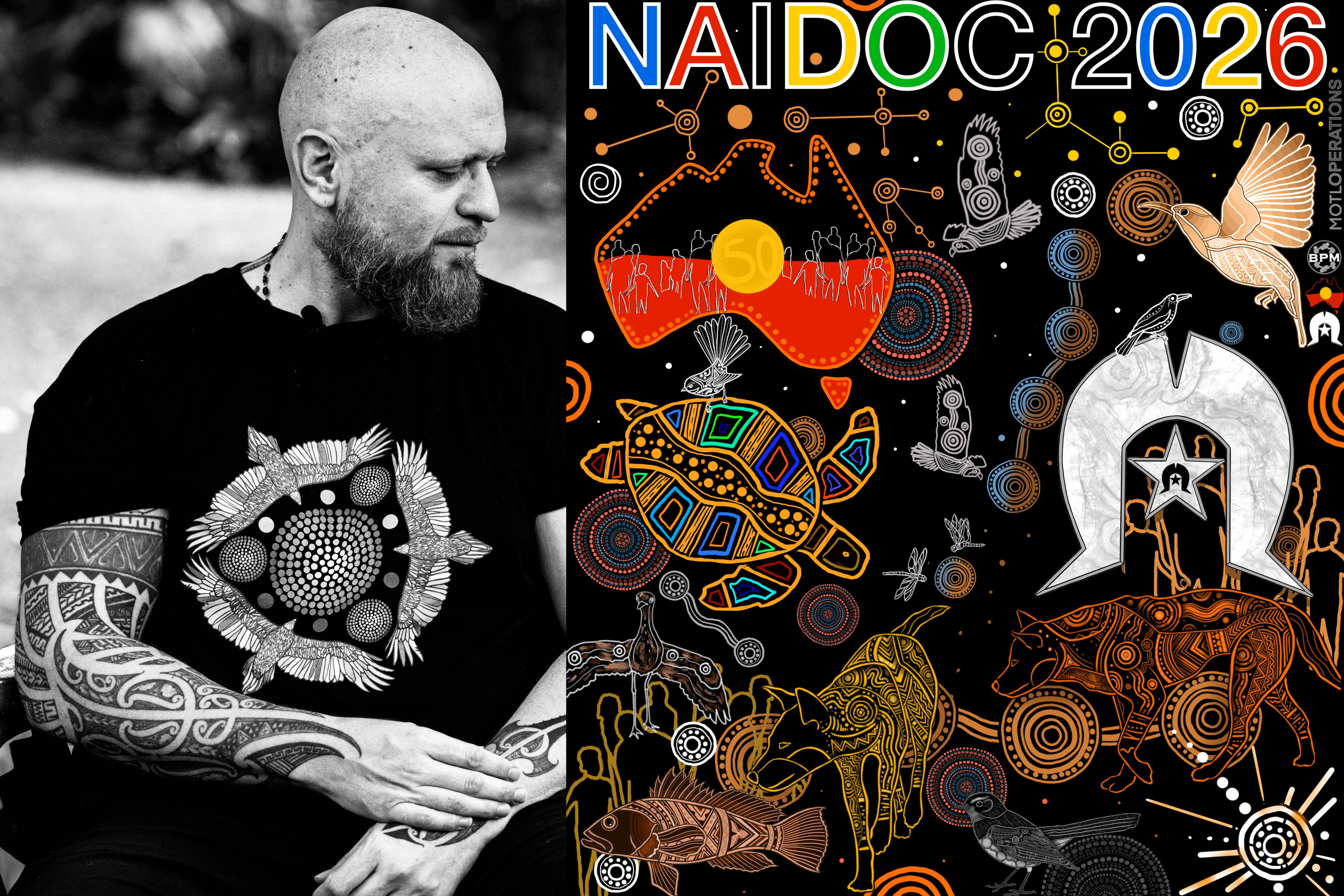 Jirrbal, Wagedoegam, Ngapuhi & Scottish artist Beau Pennefather-Motlop pictured with his NAIDOC Week poster design