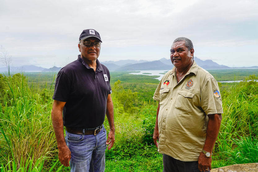 (Pictured L-R) WWF-Australia’s Cliff Cobbo and Uncle Eddie Smallwood ( Gudjuda Reference Group Aboriginal Corporation) overlooking Hinchinbrook Island National Park= part of the Great Barrier Reef World Heritage Area