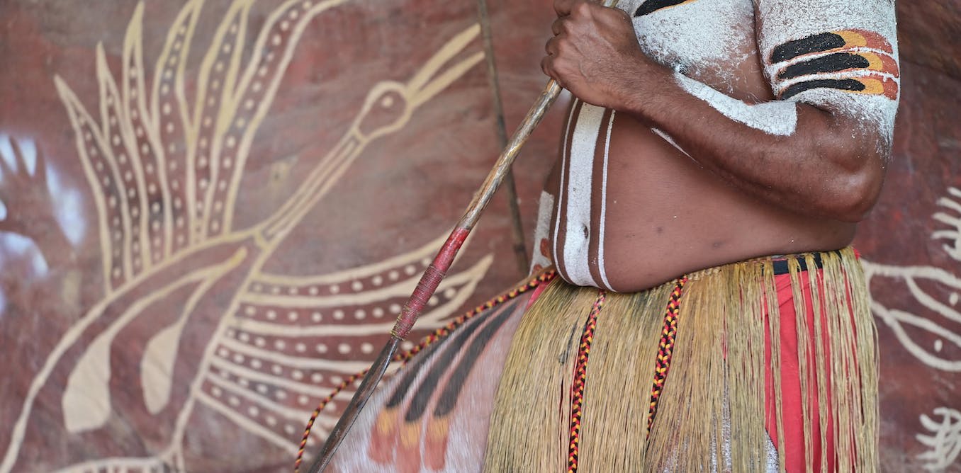 Australian Aboriginal man dance ceremonial dancing at Cape York, Queensland