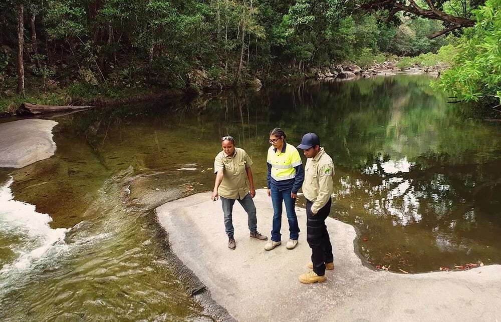Girringun CEO Whitney Rassip with Girringun Rangers Destiny Morganson and Jackson Cassady surveying the Girringun Region Indigenous Protected Areas