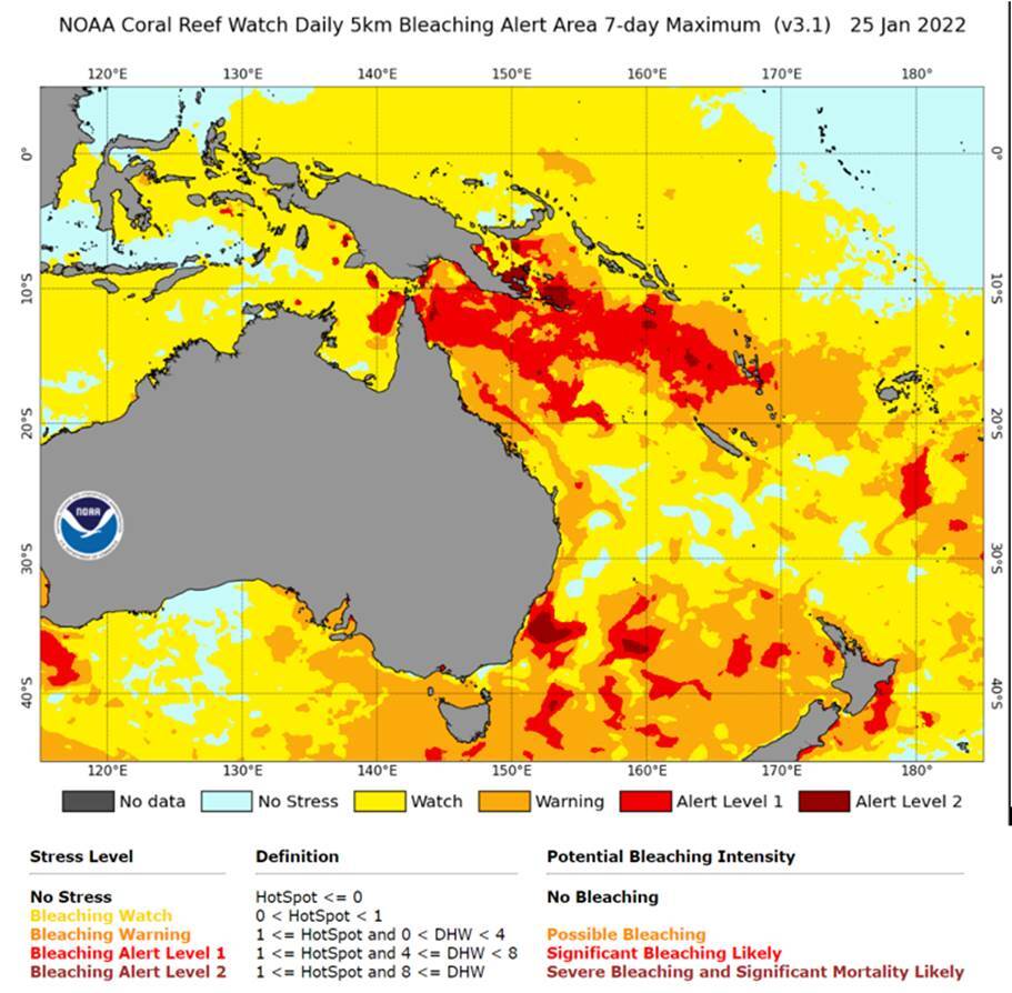 NOAA coral reef watch bleaching Jan 2022