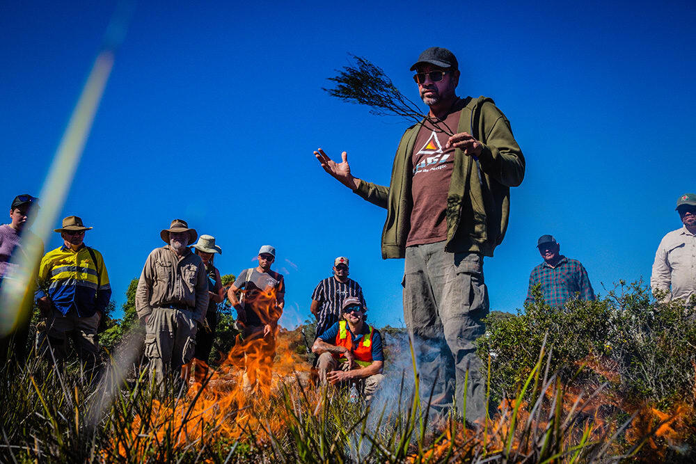 Tagalaka man and Firesticks Alliance Indigenous Corporation’s Lead Fire Practitioner Victor Steffensen shares his knowledge about cultural burning at a private property at Warooka, Yorke Peninsula