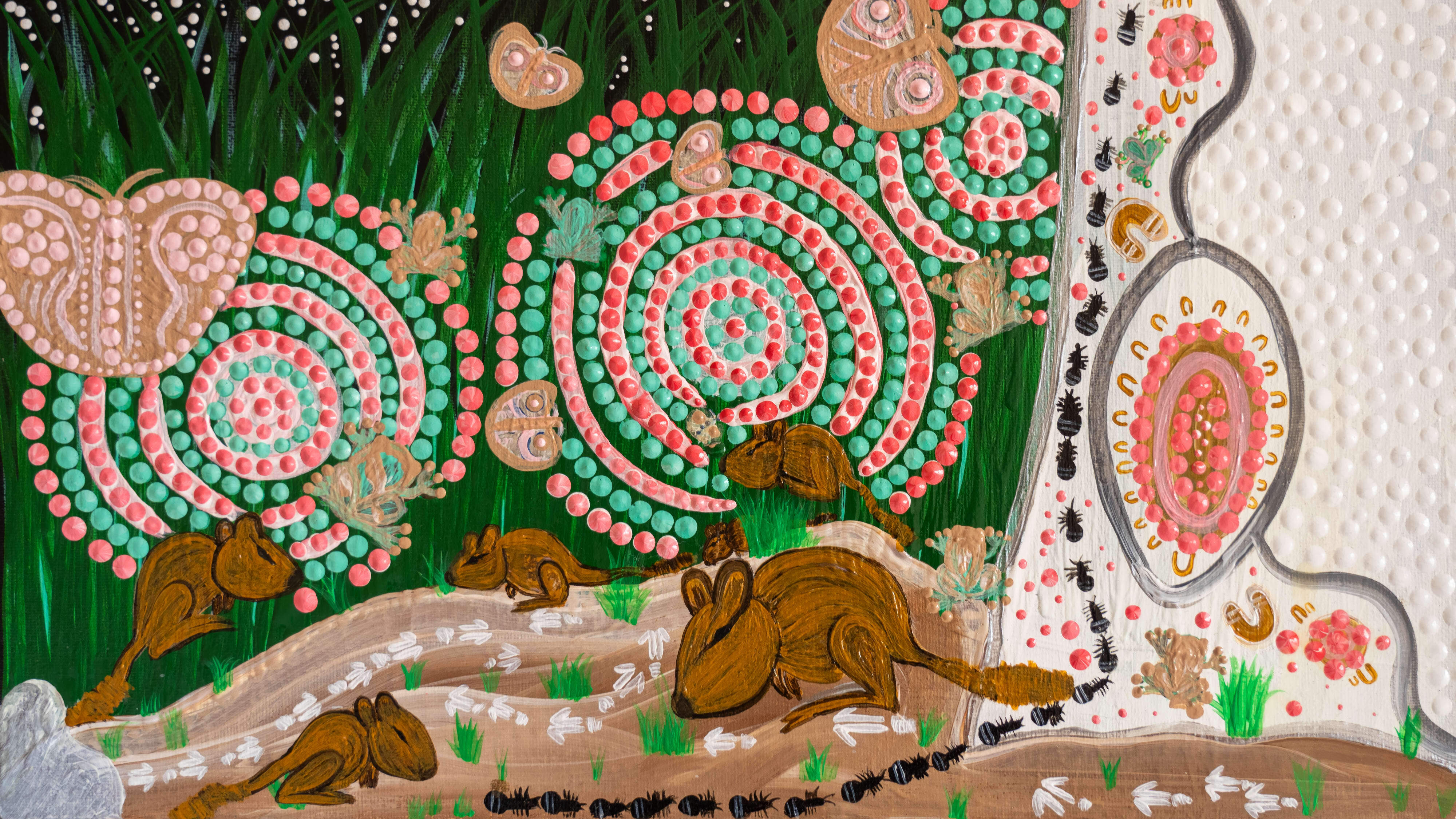Indigenous woylie art from Southwest Noongar, Ballardong, and Goreng artist Crystal Quartermaine.