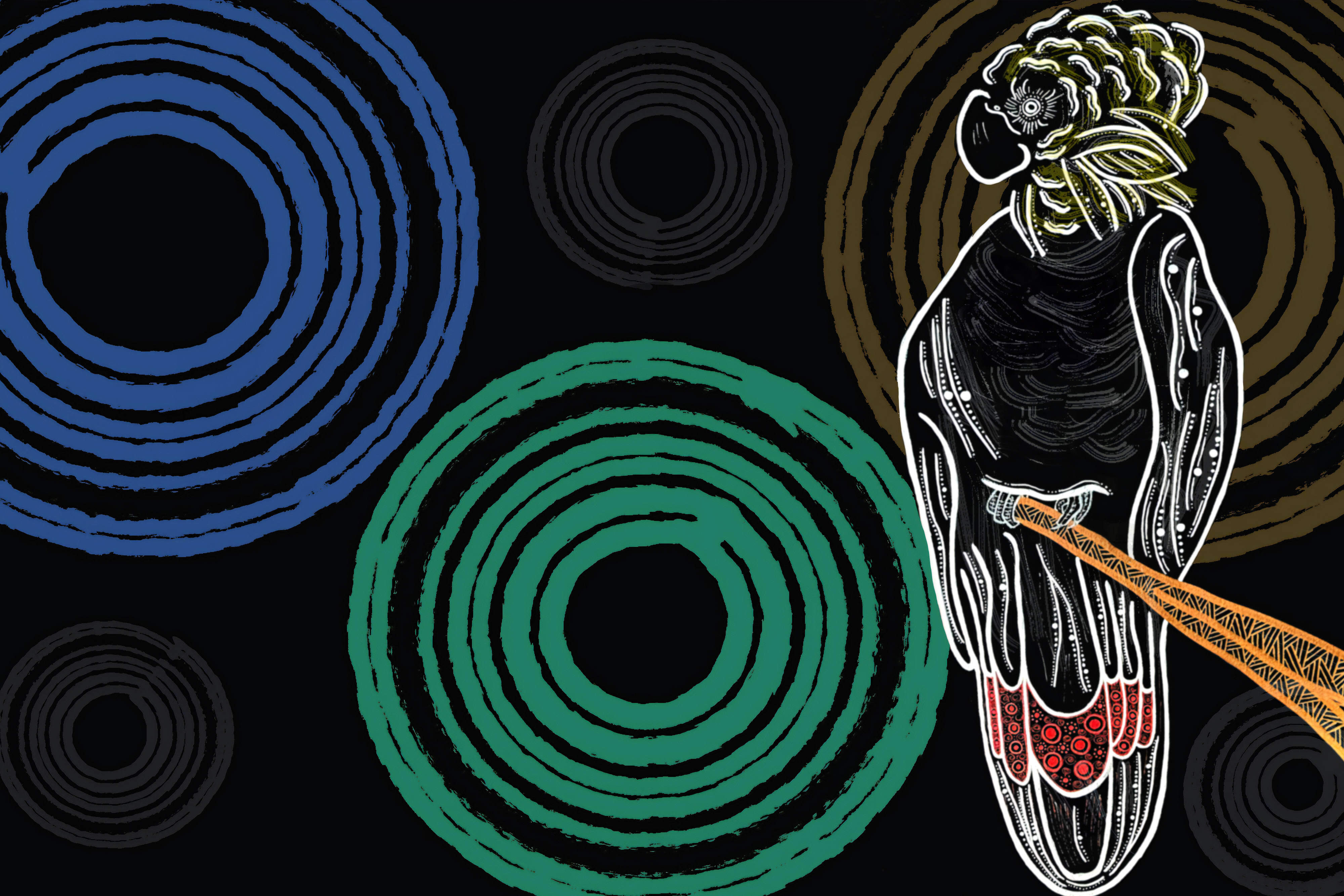 Indigenous art depicting the glossy black cockatoo on a she-oak tree by Gumbaynggirr, Bundjalung and Kalkadoon artist Fileisha Laurie