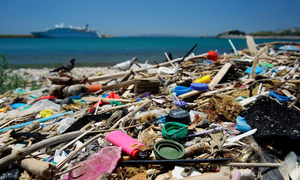 Plastic waste on a beach in the Mediterranean Sea