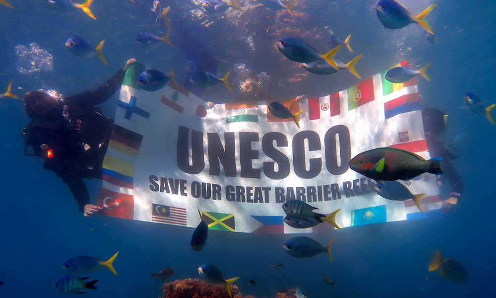 Divers send a message to UNESCO from the Great Barrier Reef