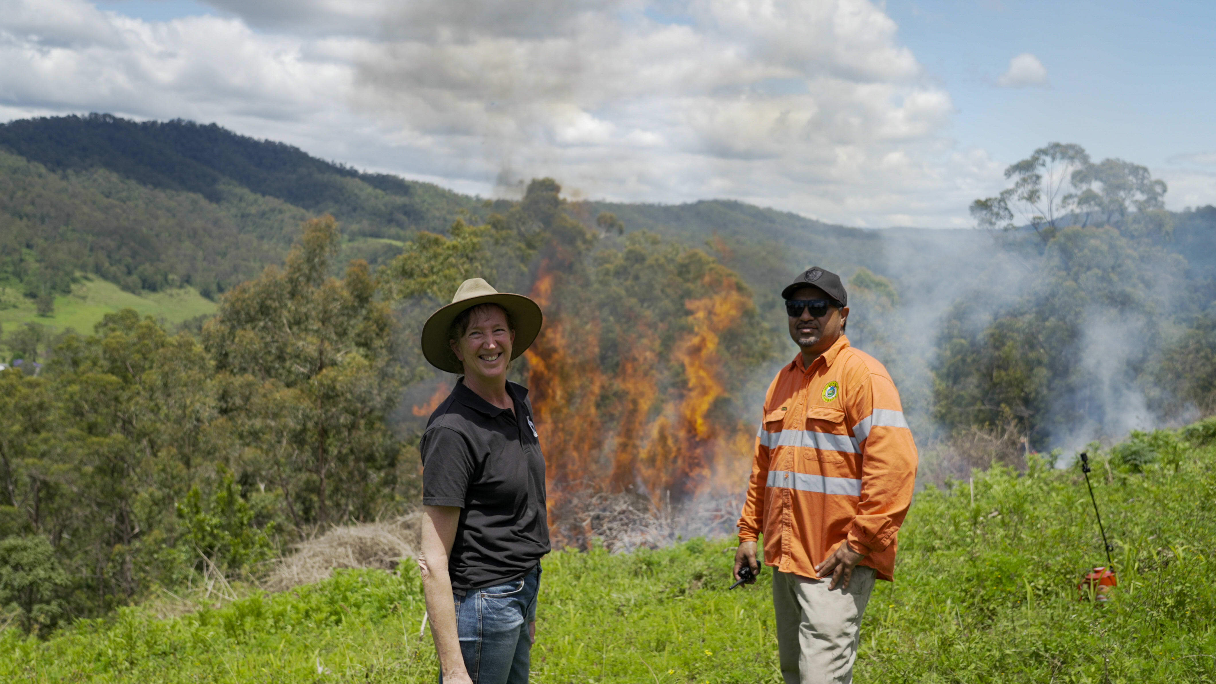 WWF-Australia's Tanya Pritchard (left) and Githabul Ranger Coordinator Charlie Ord (right) Supervising Cultural Burn