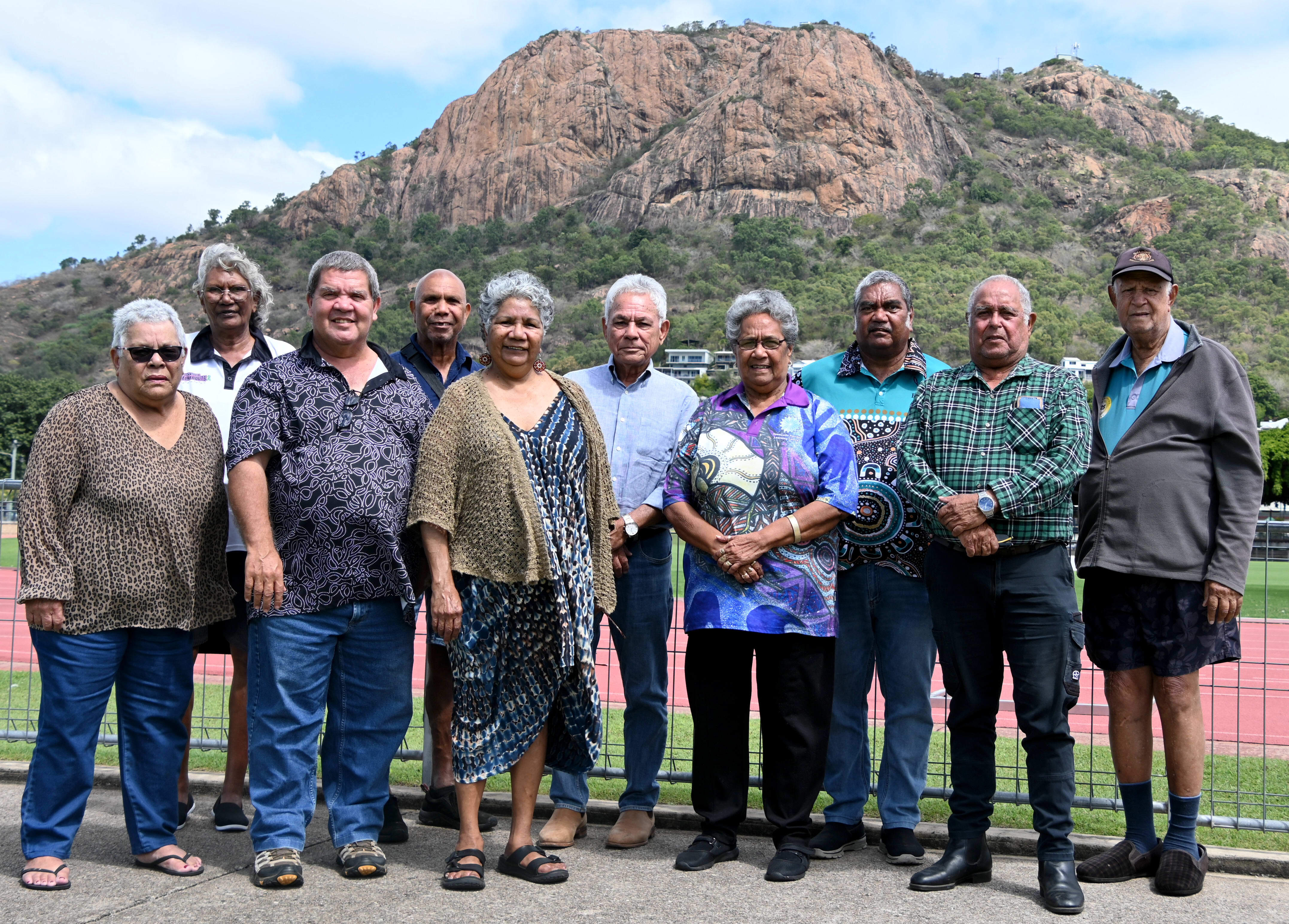 10 members of the NQ Dry Tropics Traditional Owner Management Group.
Left to right: Sheryl Wake (Gia), Virginia Wyles (Wulgurukaba), Richard Hoolihan (Chair) (Gugu Badhun), Reg Kerr (Gudjala), Josephine Smallwood (Wangan and Jagalingou), Trevor Robinson (Bidjara), Dorothy Savage (Birriah), Eddie Smallwood (Bindal), Jim Gaston (Juru), and Charles Morganson (Warrungnu)