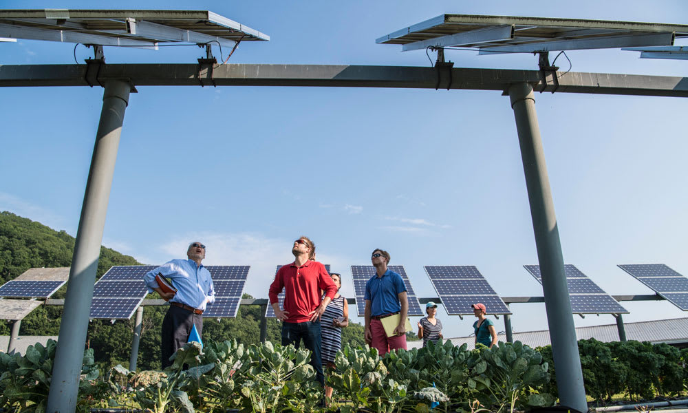 Researchers discussing solar panels