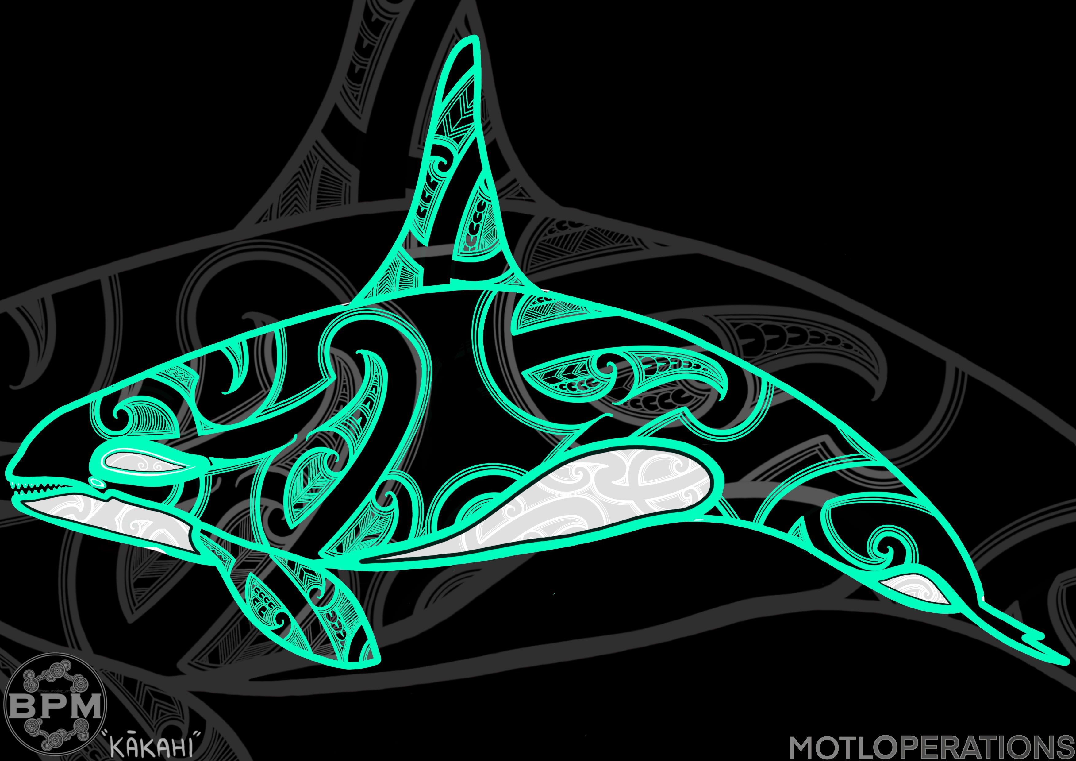 Beau Pennefather-Motlop's artistic depiction of the orca (maki, kākahi, or kera wēra in Te Reo Māori)