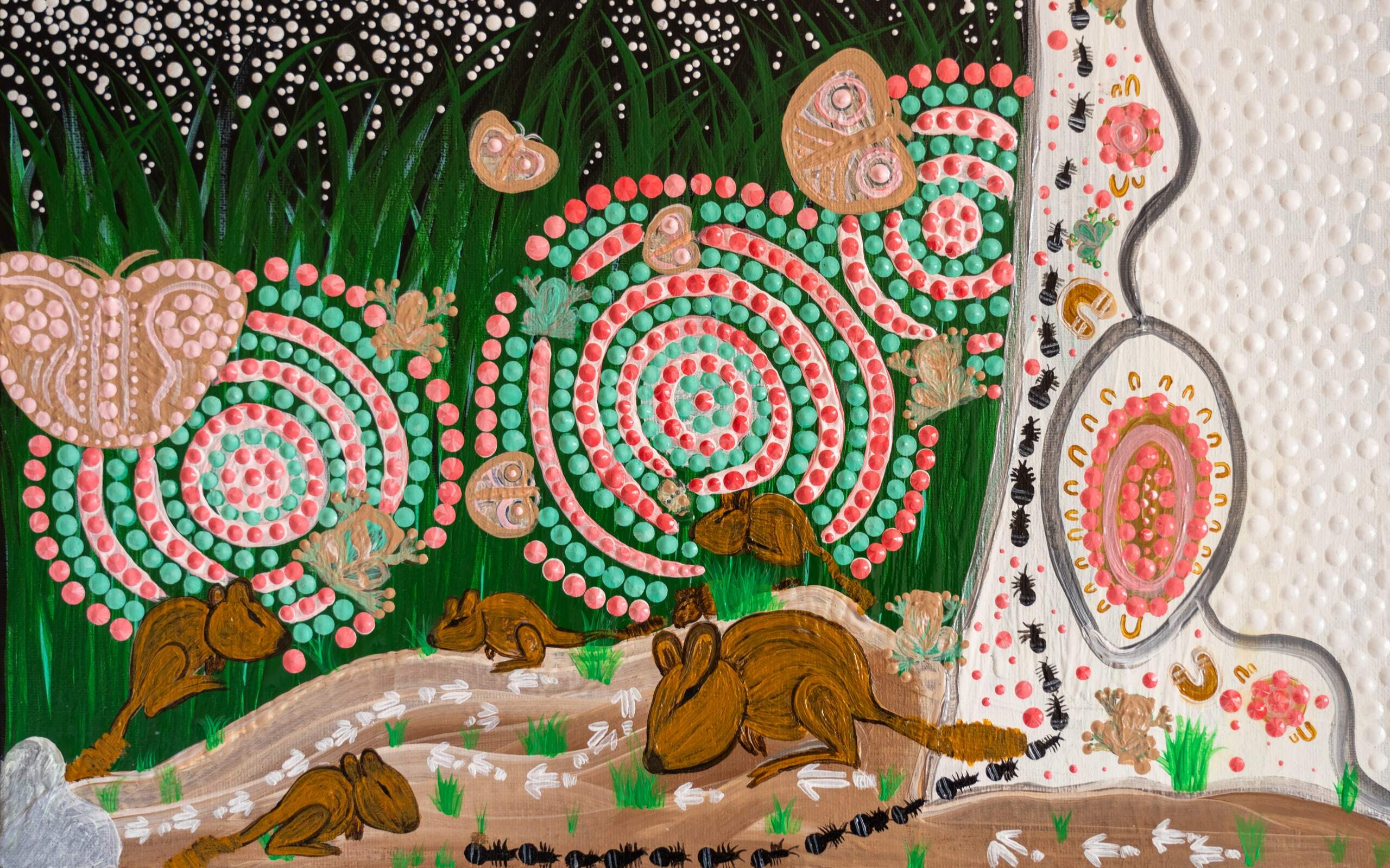Indigenous woylie art from Southwest Noongar, Ballardong, and Goreng artist Crystal Quartermaine - Desktop Digital Wallpaper version.