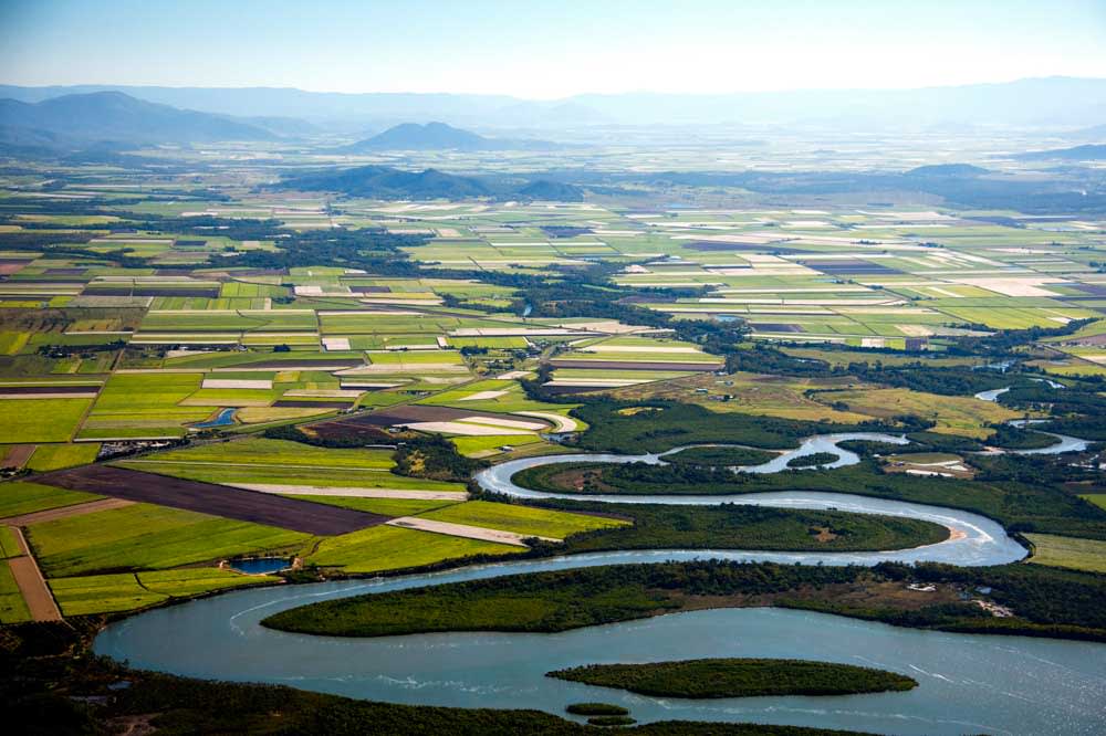 Aerial view of the sugar cane fields in the Mackay region, Queensland, June 2013