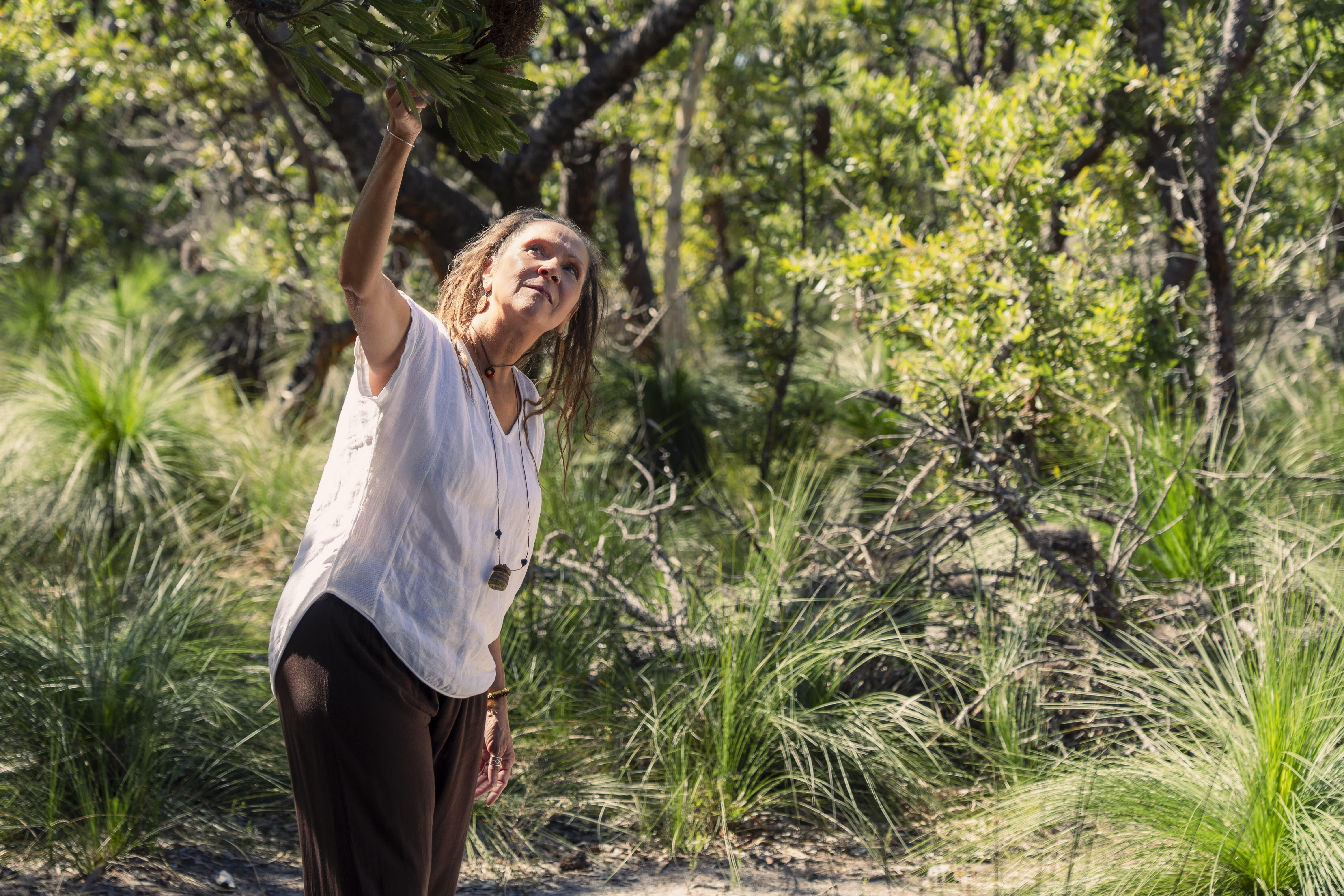 Aunty Sharron mirii Bell, proud Gamilaraay and Wiradjuri woman, children’s performer and educator at Banksia Beach on Bribie Island
