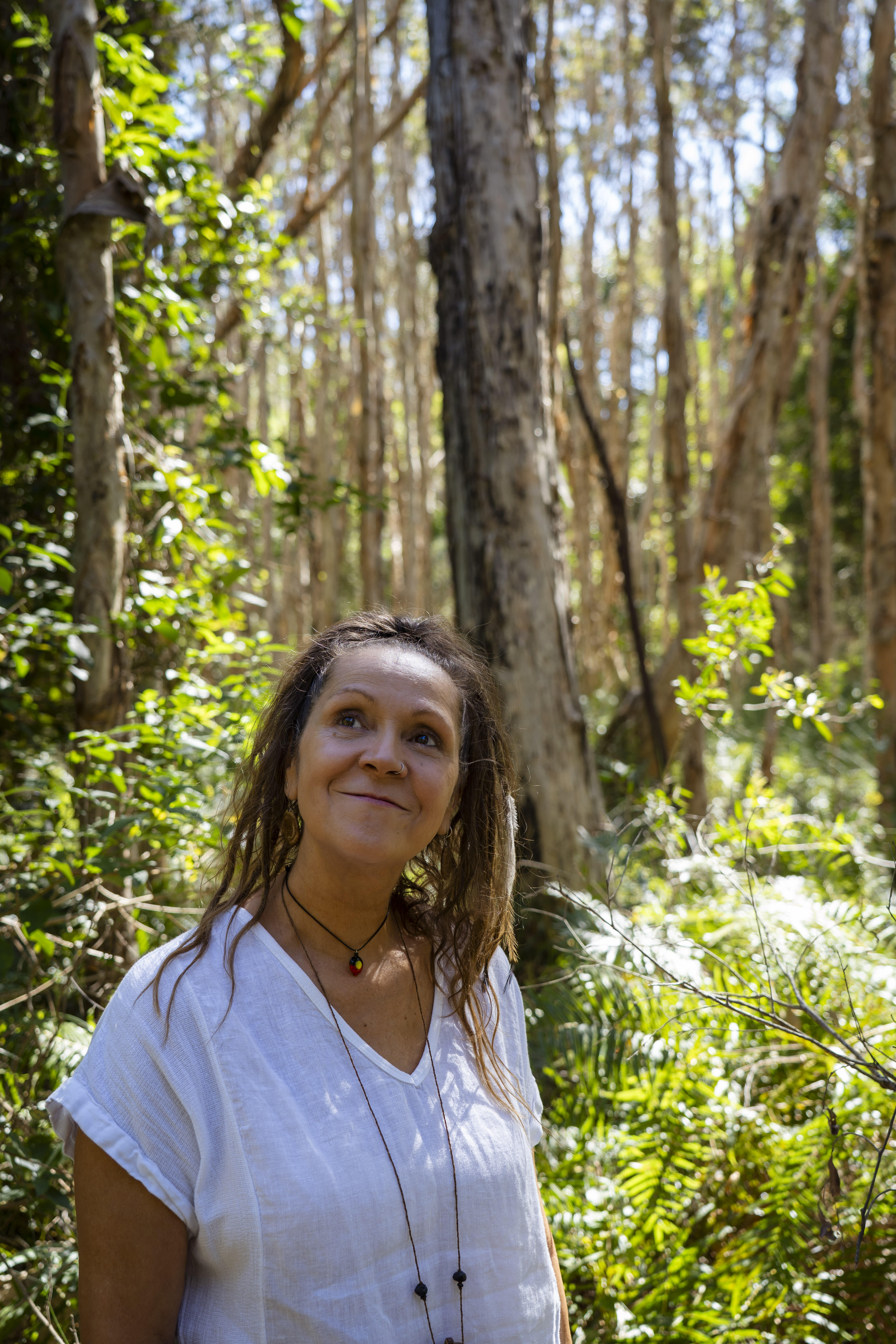 Aunty Sharron mirii Bell, proud Gamilaraay and Wiradjuri woman, children’s performer and educator at Red Beach, Bribie Island