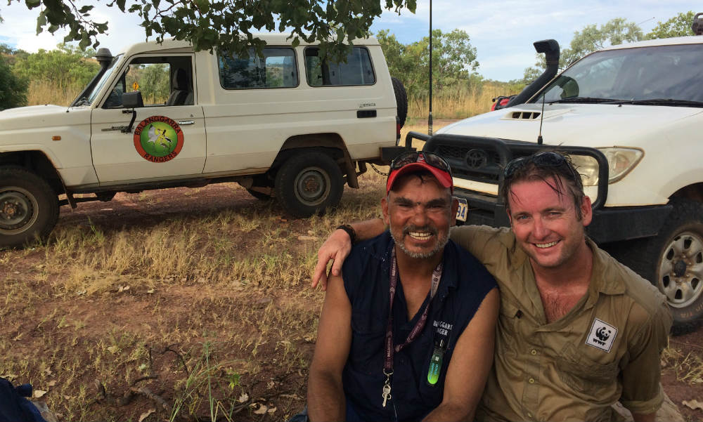 Alexander Watson, Kimberley Program Manager and James Birdy Gallagher, Balanggarra Ranger in Wyndham, Kimberley, March 2017. Prescribed burning to protect Gouldian finch nest boxes and important breeding habitat and also protect the town of Wyndham against hot late season wild fires.