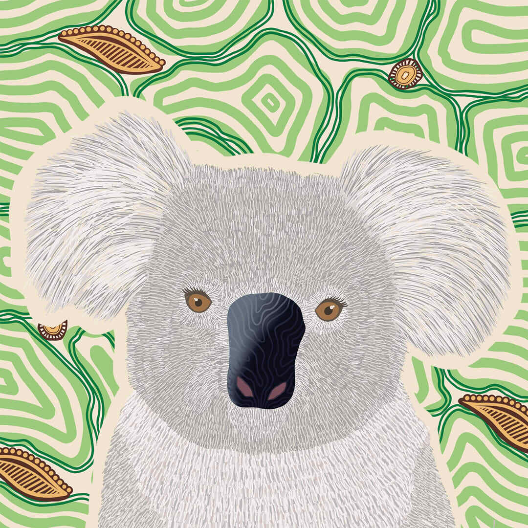 Indigenous koala art from Wiradjuri and Gundungurra artist Sarah Levett (square).