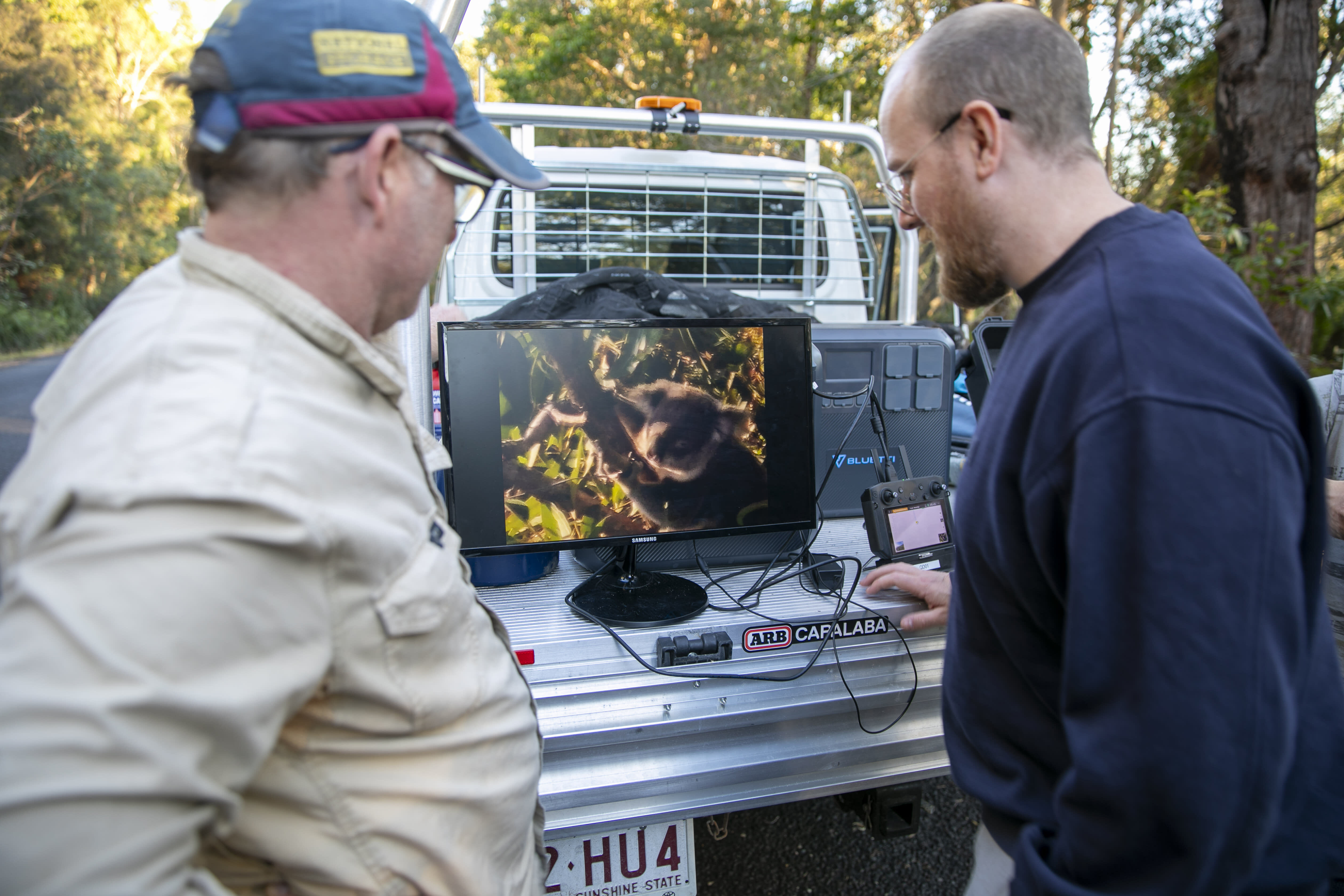QYAC environmental specialist Dan Carter & Kenneth Geipel watch on as the drone’s thermal imaging camera detects a koala hot spot in the canopy