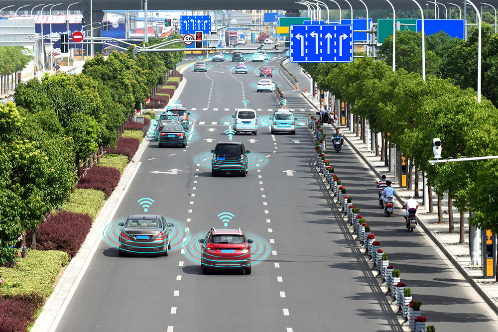Smart car (HUD). Autonomous self-driving mode vehicle on metro city road iot concept with graphic sensor radar signal system and internet sensor connect.