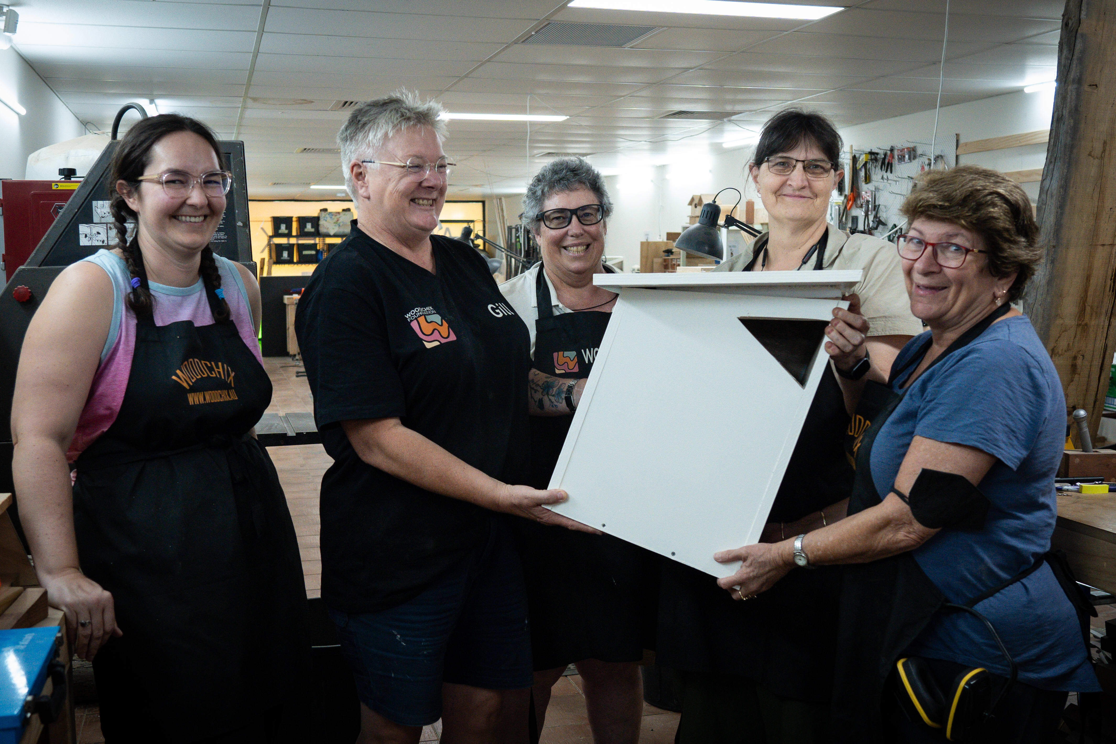 Women rule the tools! Gill with some of the women from Woodchix, who all share a special connection to the love of woodwork.